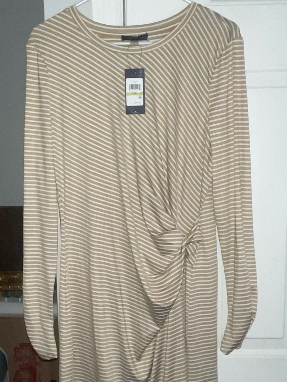 Tommy Hilfiger Beige and White Striped Knot-Front Long Sleeve Top